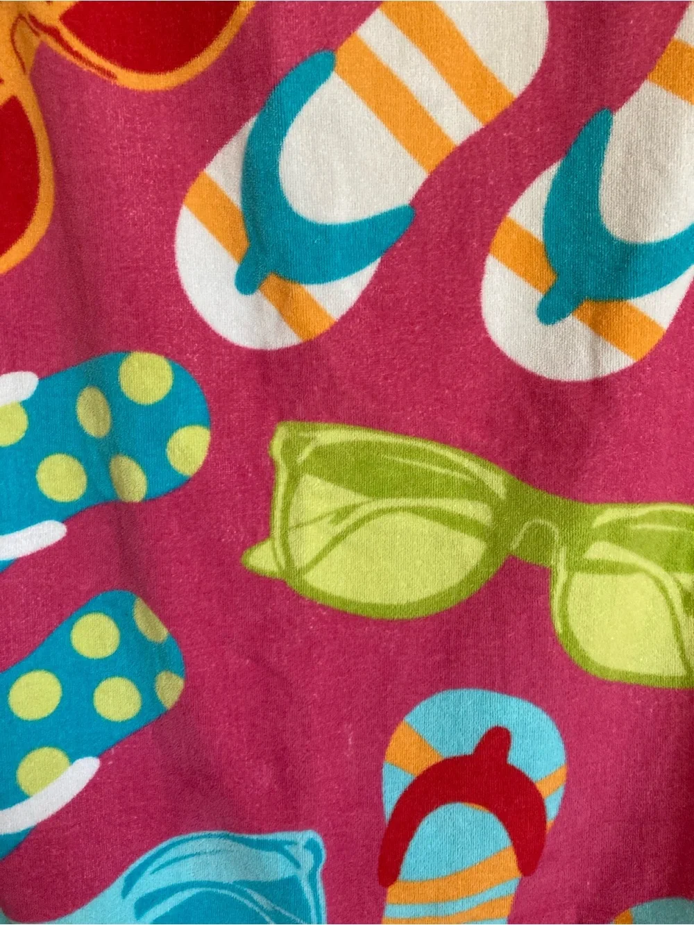 Bright Pink Beach Towel with Sunglasses & Flip Flop Print